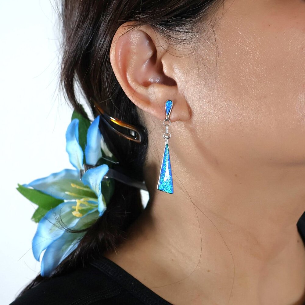 Zuni Offset Triangle‎ Dangle Earrings Sterling Silver Opal Native American** - Picture 3 of 11